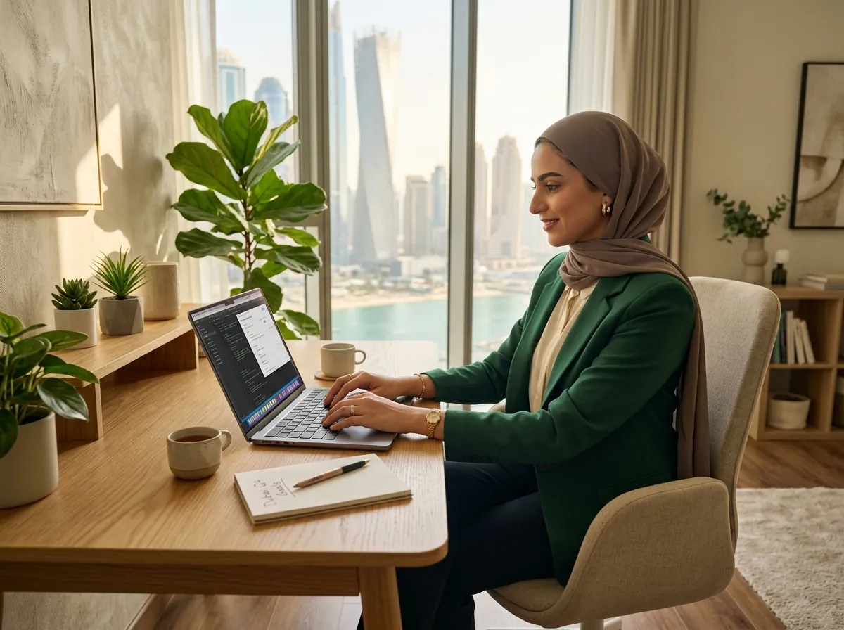 Professional Arab female specialist working on research assignments in Dubai